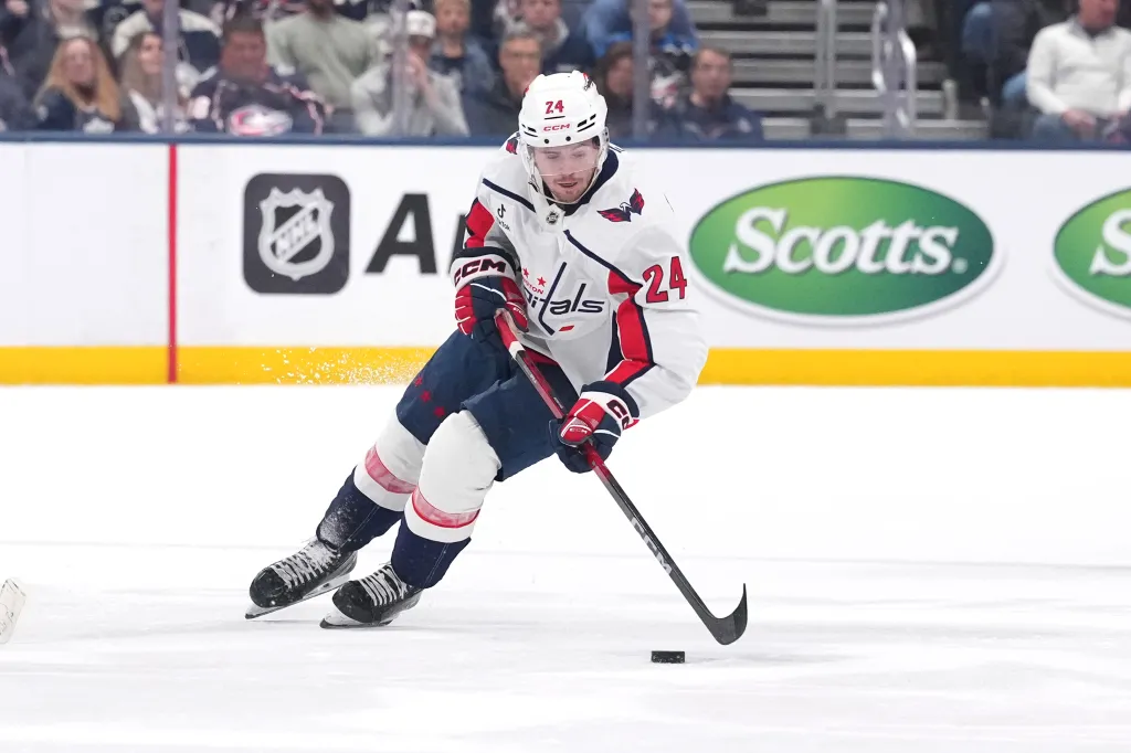 Connor McMichael of the Washington Capitals seen in action during the game against the Columbus Blue Jackets at Nationwide Arena on April 14, 2026 in Columbus, Ohio.