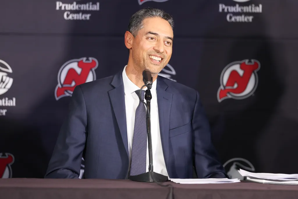 Devils General Manager Sunny Mehta speaks at a press conference at Prudential Center on April 21,2026.
