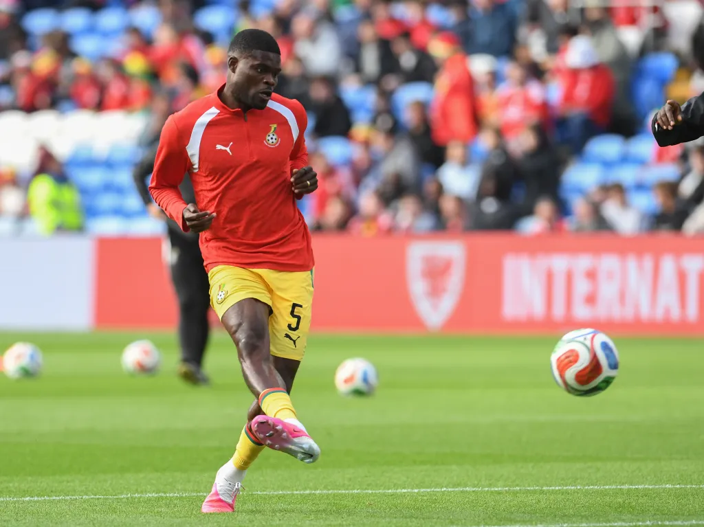 Thomas Partey during the pre-match warm-up during the international friendly match between Wales and Ghana at Cardiff City Stadium on June 2, 2026 in Cardiff, United Kingdom.