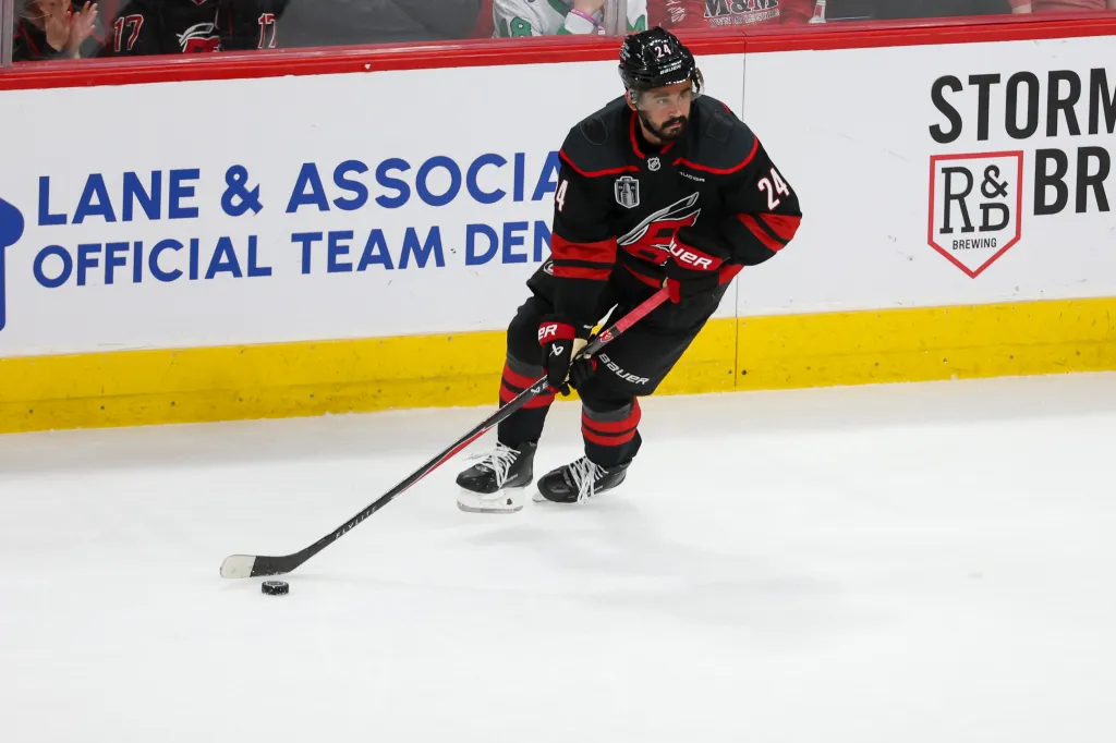 Seth Jarvis #24 of the Carolina Hurricanes looks to pass during game one of the NHL Stanley Cup Final between the Vegas Golden Knights and the Carolina Hurricanes on June 2, 2026 at Lenovo Center in Raleigh, North Carolina.