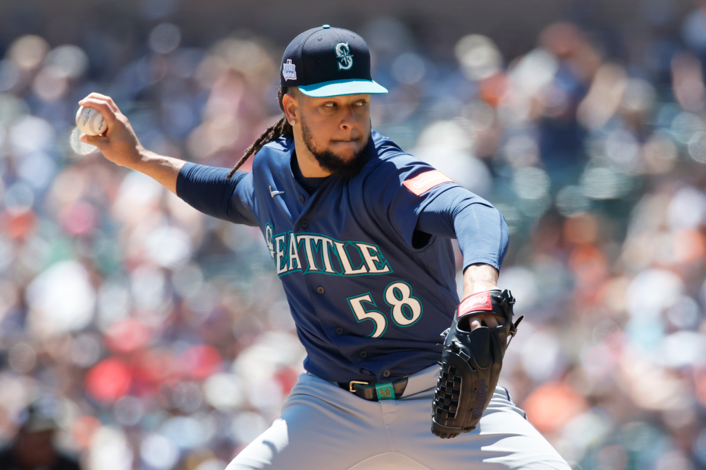 Luis Castillo #58 of the Seattle Mariners pitches against the Detroit Tigers during the second inning at Comerica Park on June 7, 2026 in Detroit, Michigan.