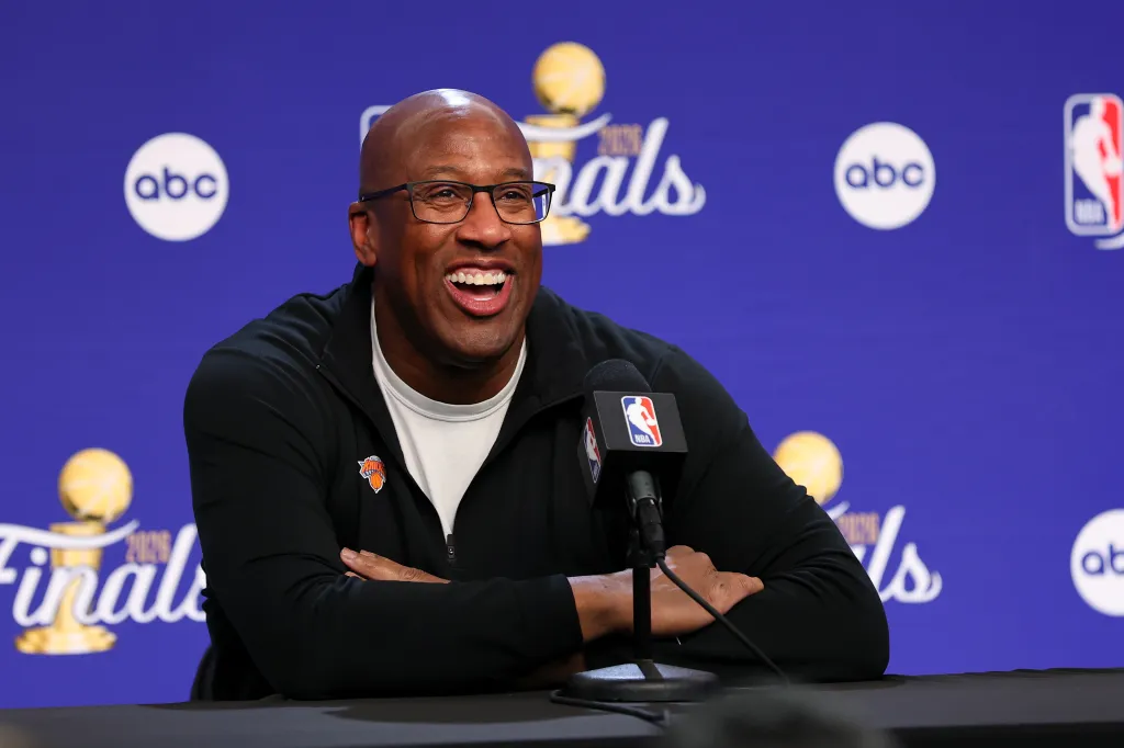 Mike Brown talks to the media before the game against the San Antonio Spurs during Game Four of the 2026 NBA Finals on June 10, 2026 at Madison Square Garden in New York, New York.