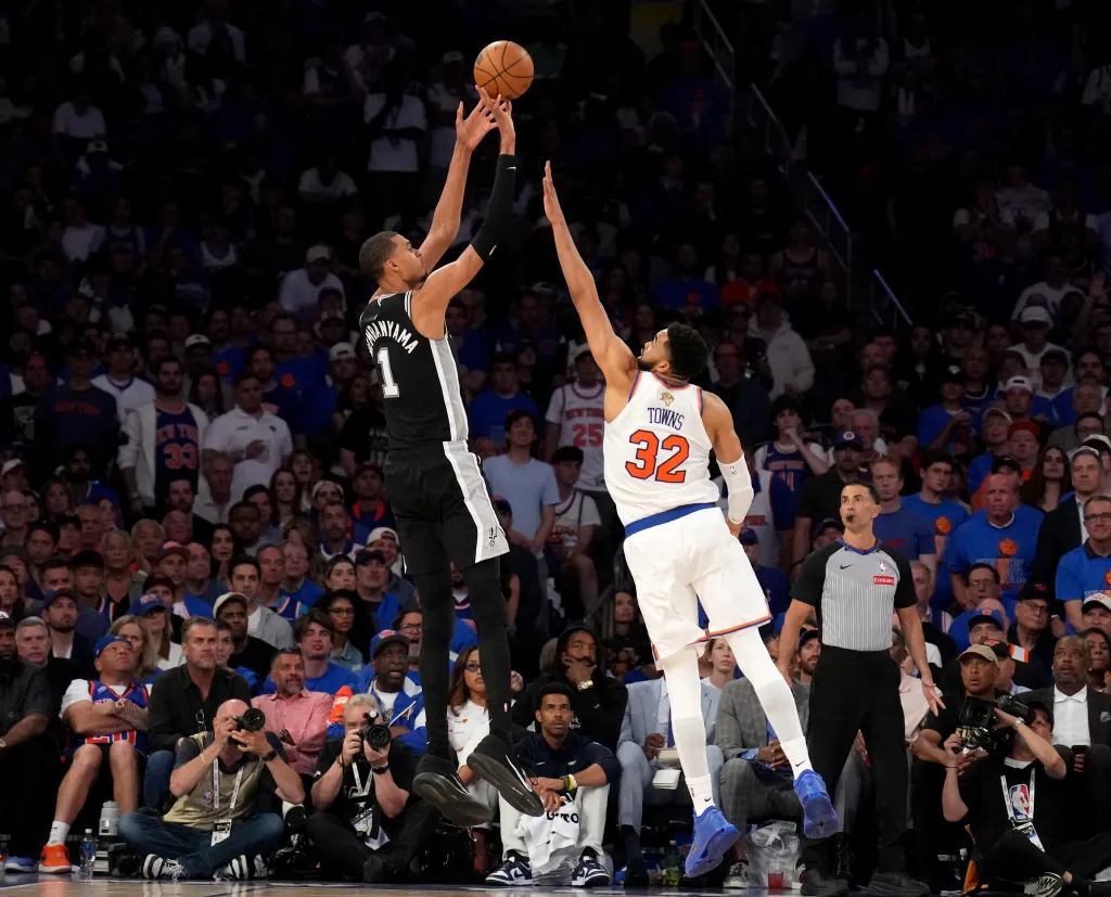 Victor Wembanyama shoots the ball during the game against the New York Knicks during Game Four of the 2026 NBA Finals on June 10, 2026 at Madison Square Garden in New York, New York.