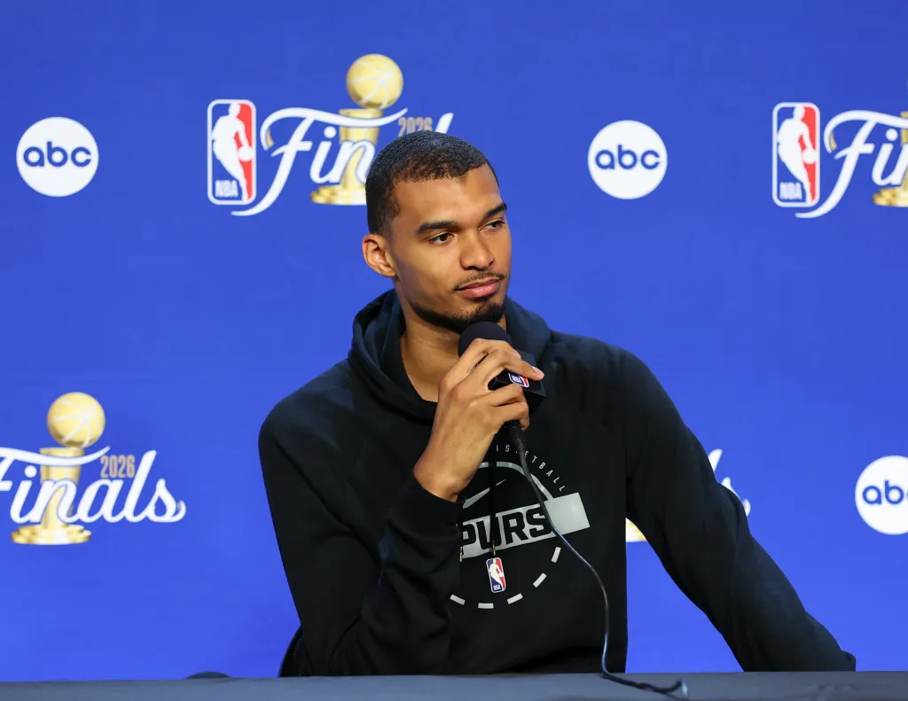 Victor Wembanyama talks to media during 2026 NBA Finals Practice and Media Availability on June 12, 2026 at Frost Bank Center in San Antonio, Texas.