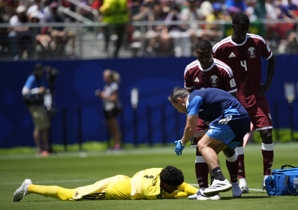 Mahmoud Abunada of Qatar lies on the ground during the 2026 FIFA World Cup First Stage Group B match between Qatar and Switzerland at Leviâs Stadium (San Francisco Bay Area Stadium) in Santa Clara, California, United States on June 13, 2026.
