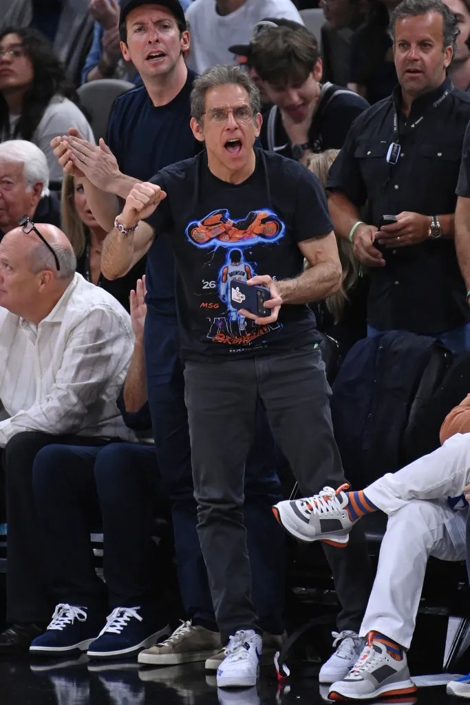 Ben Stiller celebrates during the game between the New York Knicks against the San Antonio Spurs during Game 5 of the 2026 NBA Finals on June 13, 2026 at Frost Bank Center in San Antonio, Texas.