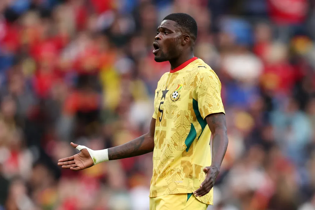 Thomas Partey of Ghana reacts during the International Friendly match between Wales and Ghana at the Cardiff City Stadium on June 02, 2026 in Cardiff, Wales.