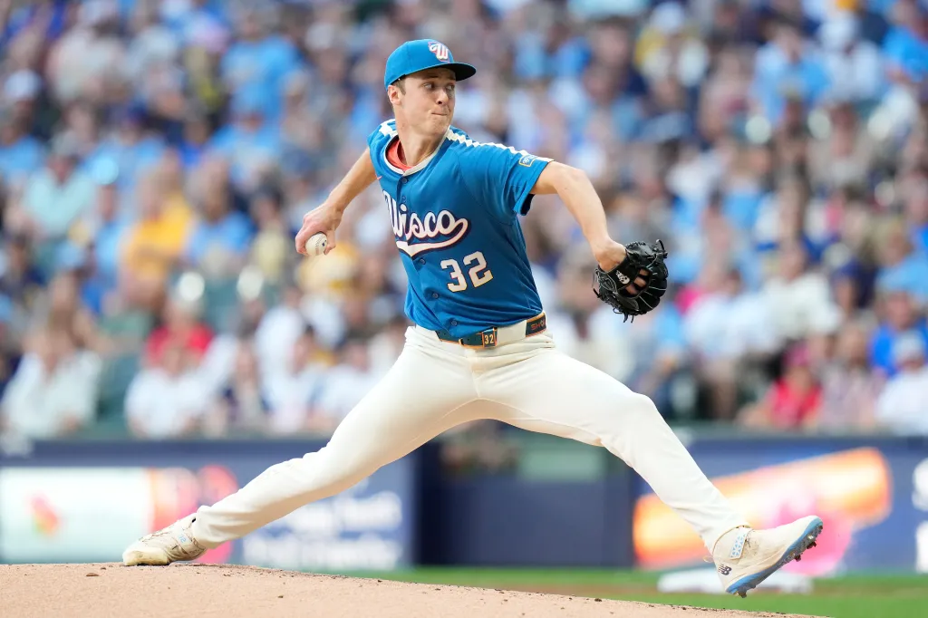 Milwaukee Brewers pitcher in action during the game against the Philadelphia Phillies.