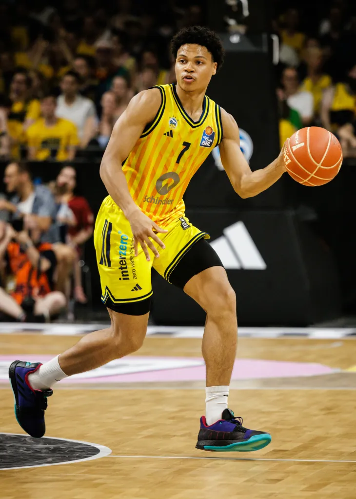 Jack Kayil of Alba Berlin dribbles during the Easycredit BBL Playoff Final Game 4 match between Alba Berlin and FC Bayern München at Max-Schmeling-Halle on June 19, 2026 in Berlin, Germany.