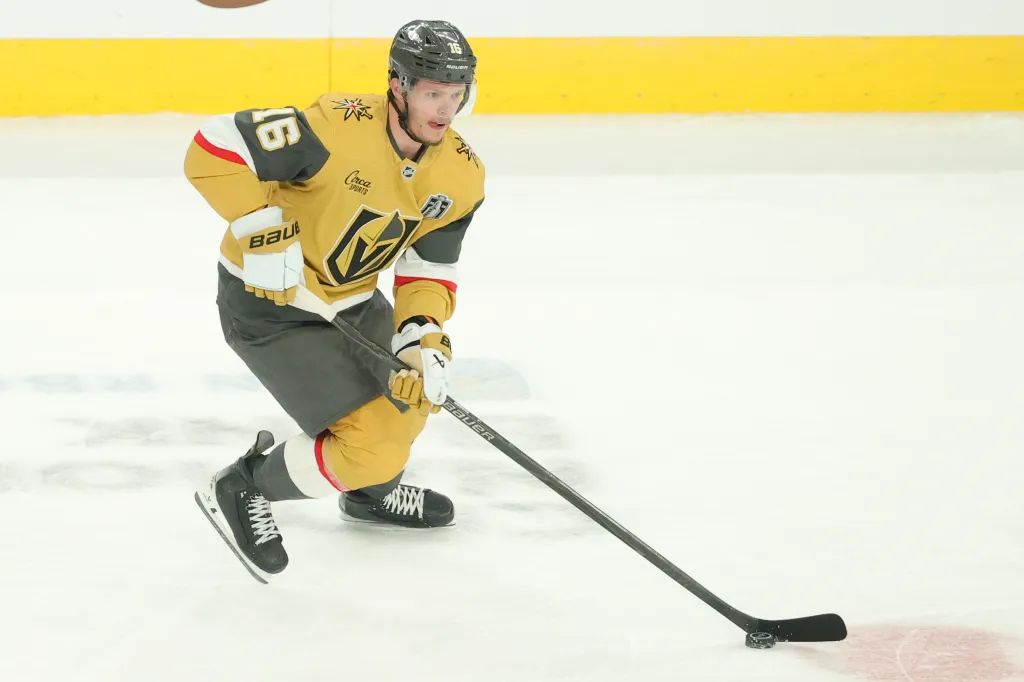 Pavel Dorofeyev #16 of the Vegas Golden Knights skates with the puck against the Carolina Hurricanes during the first period in Game Six of the 2026 Stanley Cup Final at T-Mobile Arena on June 14, 2026 in Las Vegas, Nevada