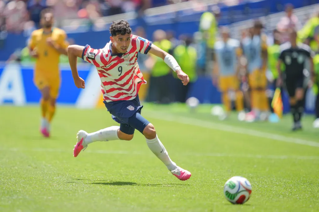 Ricardo Pepi races to the ball during the FIFA World Cup 2026 Group D match between USA and Australia at Seattle Stadium on June 19, 2026 in Seattle, Washington. 