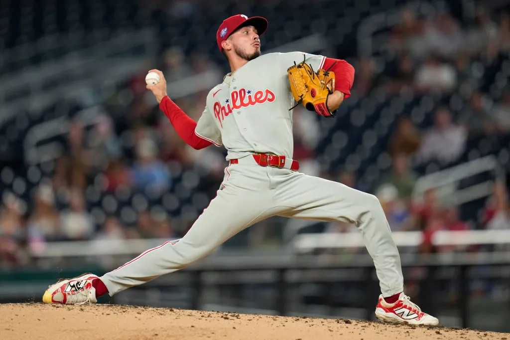 Alan Rangel #57 of the Philadelphia Phillies pitches to the Washington Nationals during the third inning at Nationals Park on June 22, 2026 in Washington, DC. 