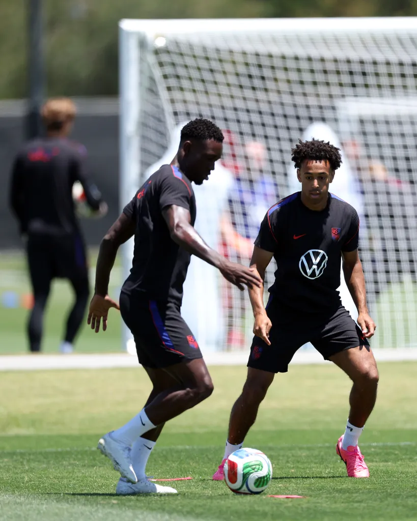 Tyler Adams and Folarin Balogun of the United States participate during a training session at Great Park Sports Complex on June 26, 2026 in Irvine, California.