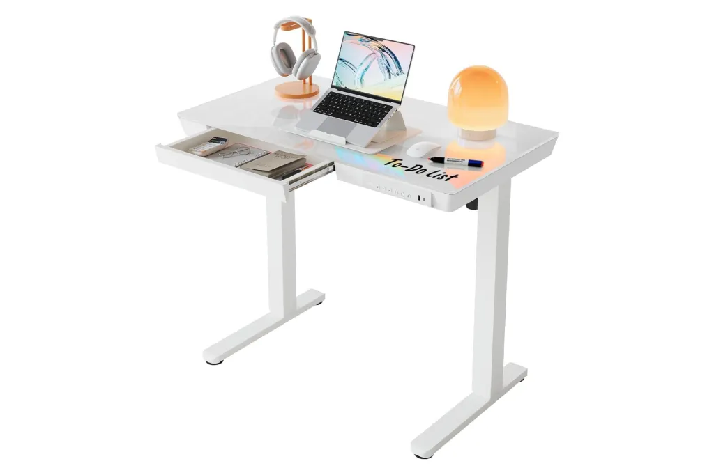 A glass standing desk