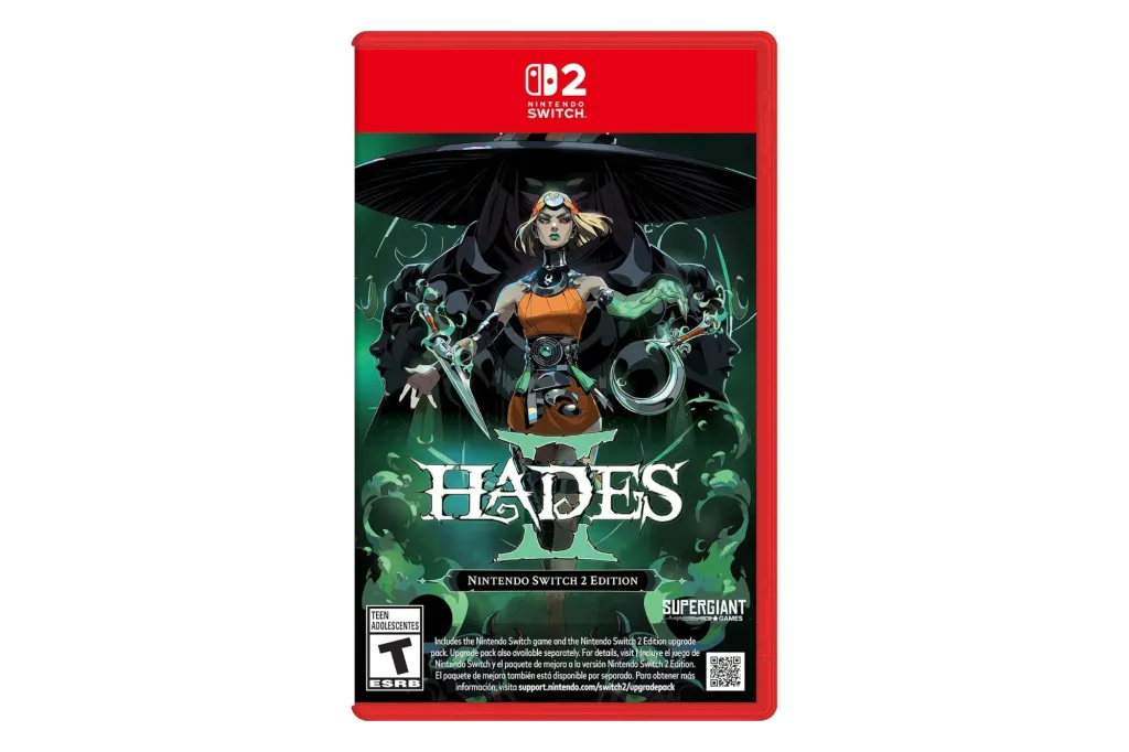 Illustration of the Hades II Nintendo Switch 2 Edition video game case, featuring Melinoë, the game's protagonist, standing in the foreground, with several shadowy figures behind her.