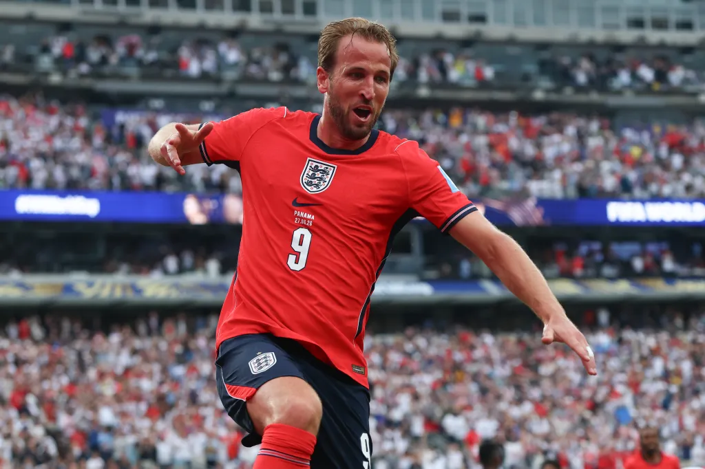 Harry Kane celebrates after scoring his 11th goal as a member of England in its 2-0 win over Panama on June 27, 2026 at MetLife Stadium to become the national team’s all-time leading scorer at the World Cup.