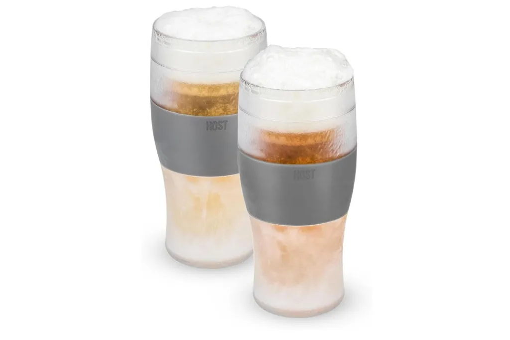Two frosted beer glasses