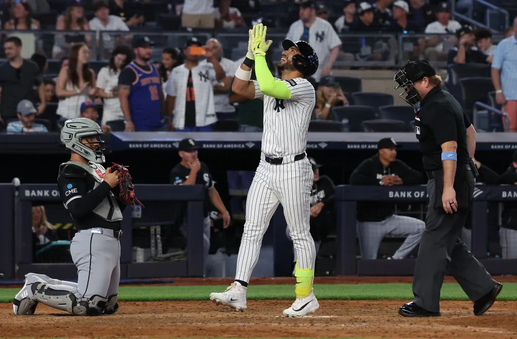A smiling José Caballero looks up to the sky after belting a solo home run in the eighth inning of the Yankees' 12-2 blowout win over the White Sox on June 16, 2026 at the Stadium.