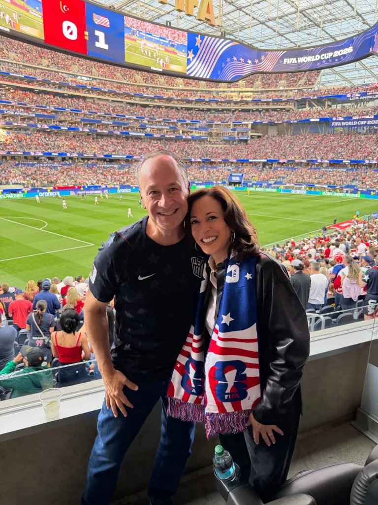 Kamala Harris with her husband Douglas Emhoff at a FIFA World Cup 2026 match.
