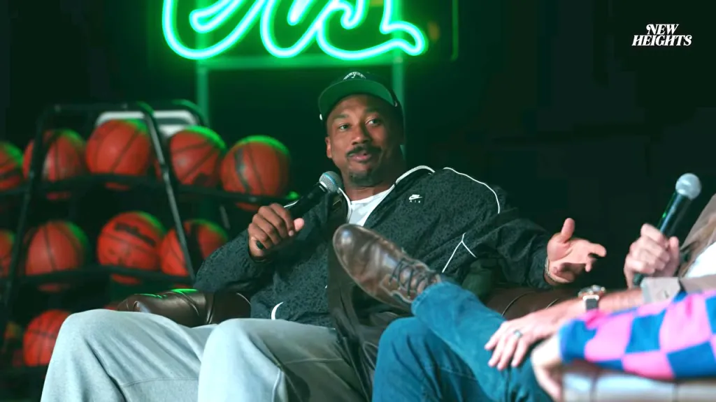 Myles Garrett speaking into a microphone.