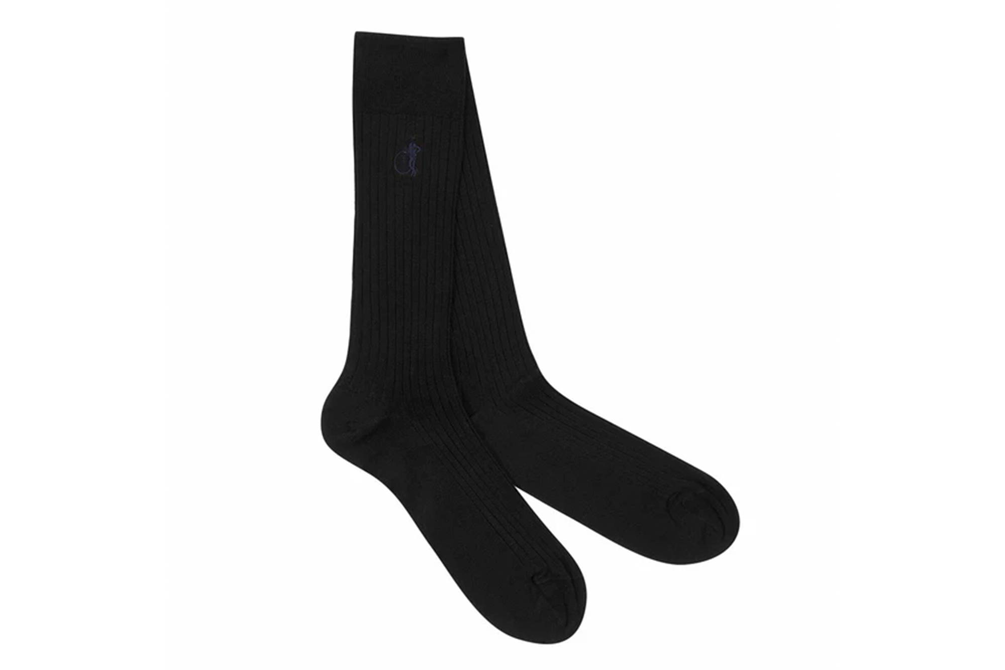 A pair of black ribbed socks with a small blue logo embroidered near the cuff.