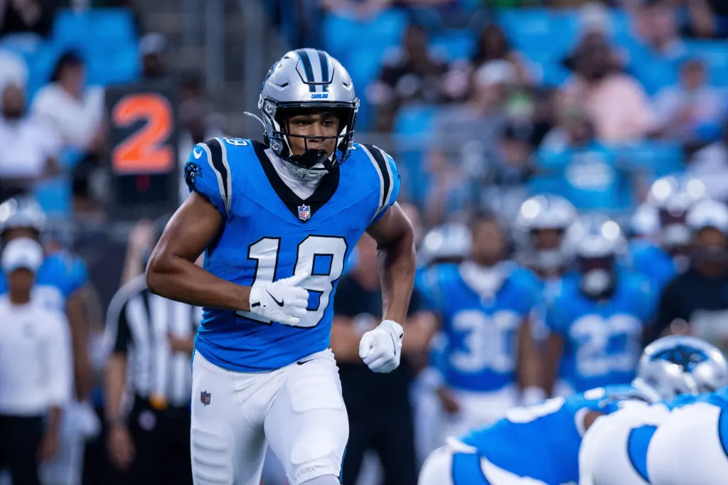 Carolina Panthers wide receiver Jimmy Horn Jr. (15) watches from the sideline during the fourth quarter against the Cleveland Browns in the NFL matchup in Charlotte, NC.