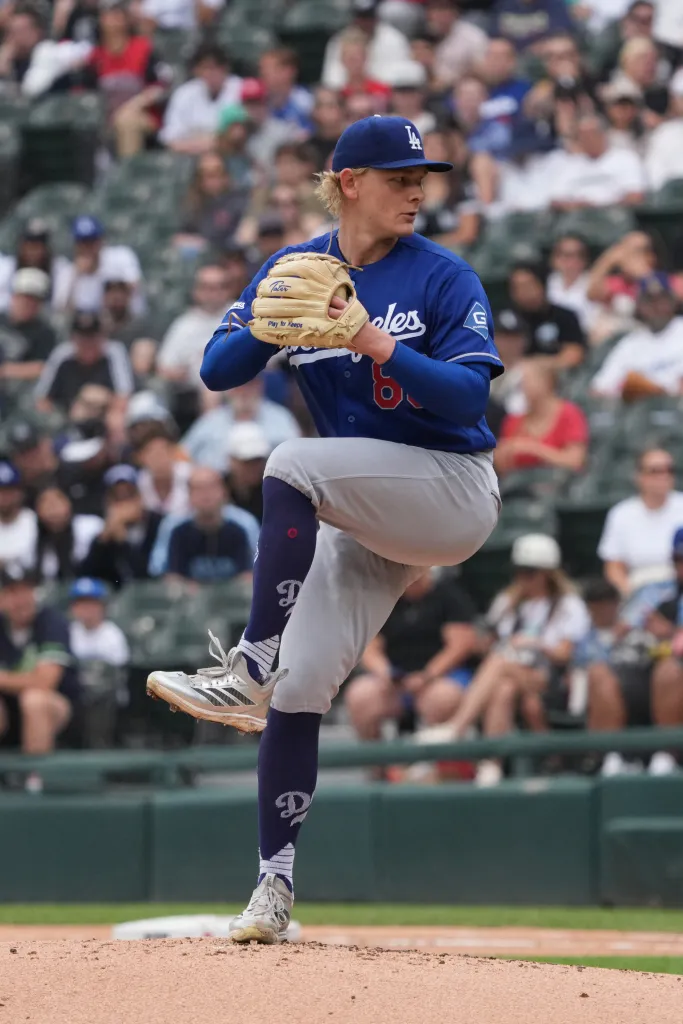 Los Angeles Dodgers pitcher preparing to throw a pitch.