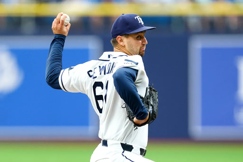 Jun 25, 2026; St. Petersburg, Florida, USA; Tampa Bay Rays pitcher Ian Seymour (61) throws a pitch against the Kansas City Royals in the third inning at Tropicana Field.