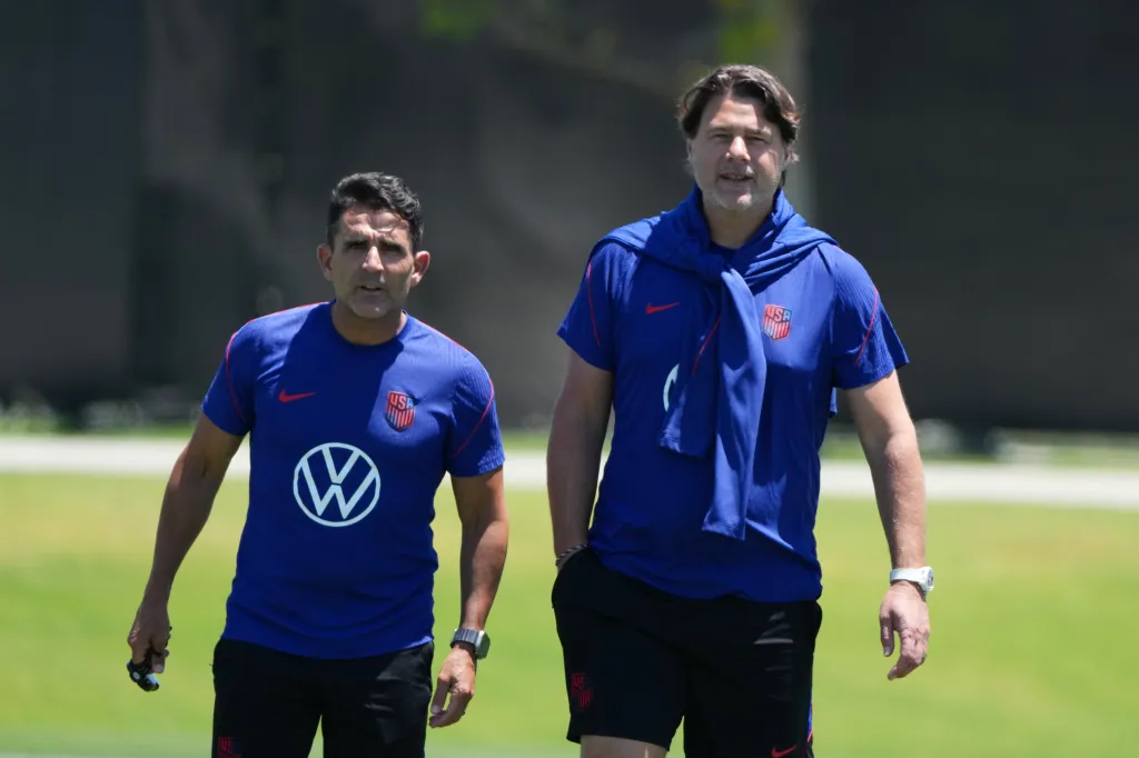 USMNT assistant coach Jesus Perez (left) and head coach Mauricio Pochettino during a training session in preparation for their upcoming 2026 FIFA World Cup match at Great Park Sports Complex. 