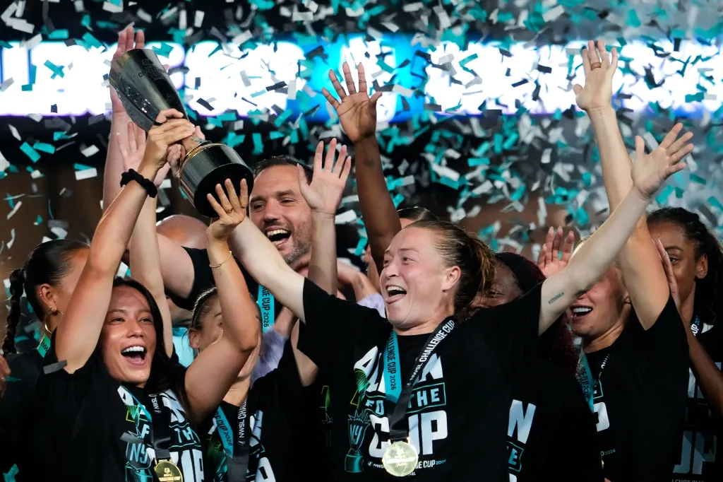 Gotham FC celebrates after defeating Kansas City Current in the NWSL Challenge Cup match at ScottsMiracle-Gro Field on June 26, 2026 in Columbus, Ohio.