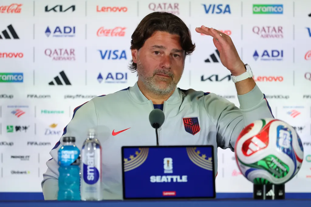 USMNT head coach Mauricio Pochettino talks with reporters on June 18, 2026 in Seattle, a day before their World Cupo match against Australia.