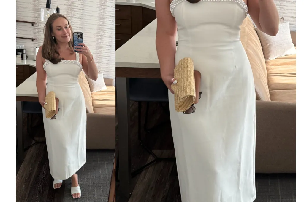 A side by side of a woman wearing a white dress and holding a purse.