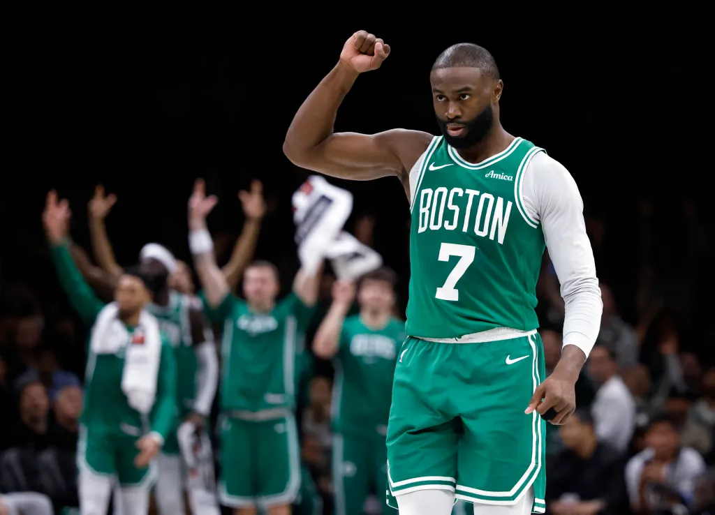 11/18/25: Jaylen Brown #7 of the Boston Celtics reacts after scoring in the second half at the Barclays Center in Brooklyn, New York on November 18, 2025.