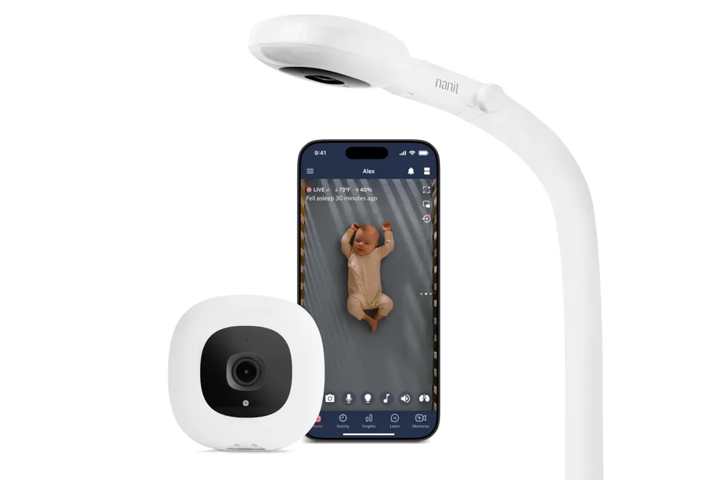 Nanit Pro Smart Baby Monitor and app displaying a sleeping baby.