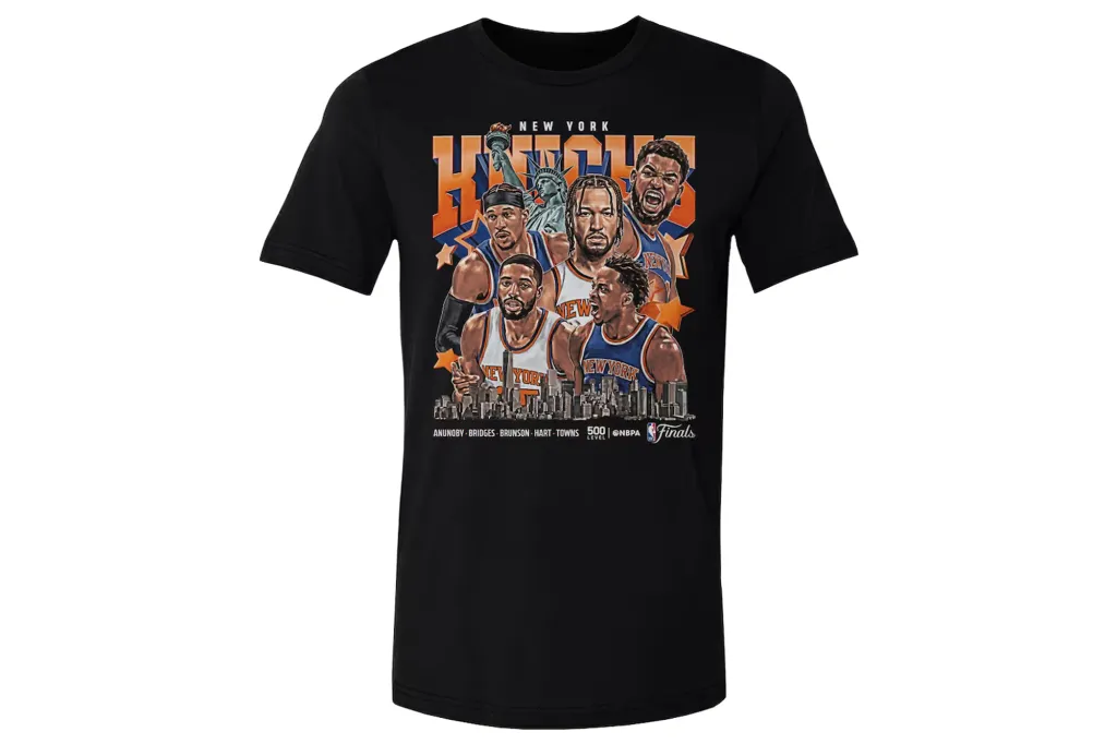 Illustration of a black t-shirt with a collage design of New York Knicks players and the Statue of Liberty over a New York City skyline, with the words "New York" and "Knicks Finals".