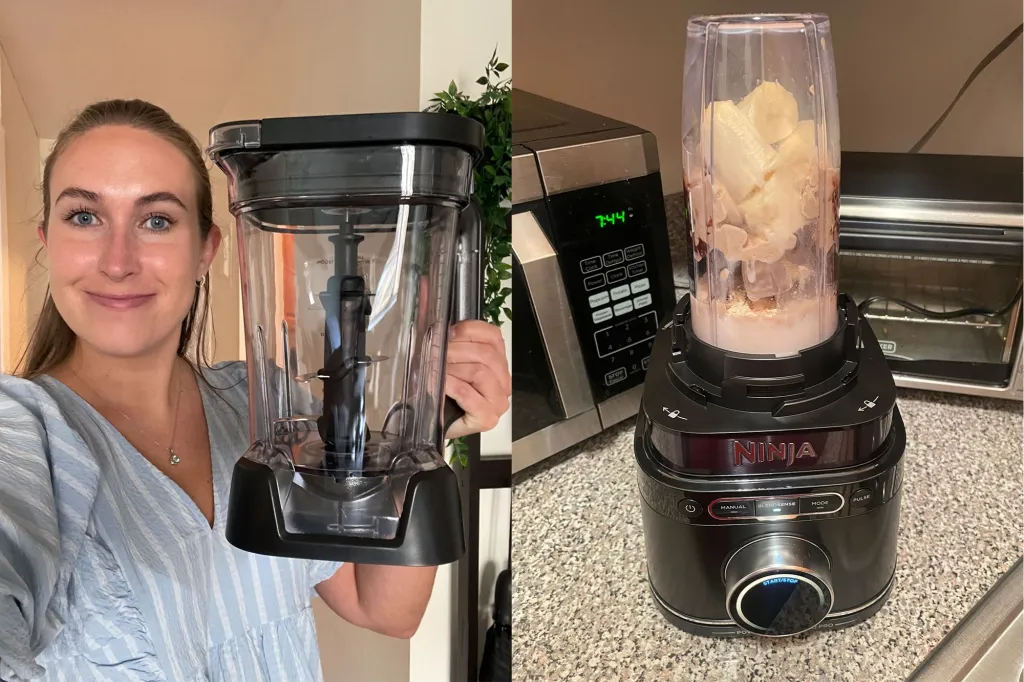 A side by side of a woman with her Ninja blender.