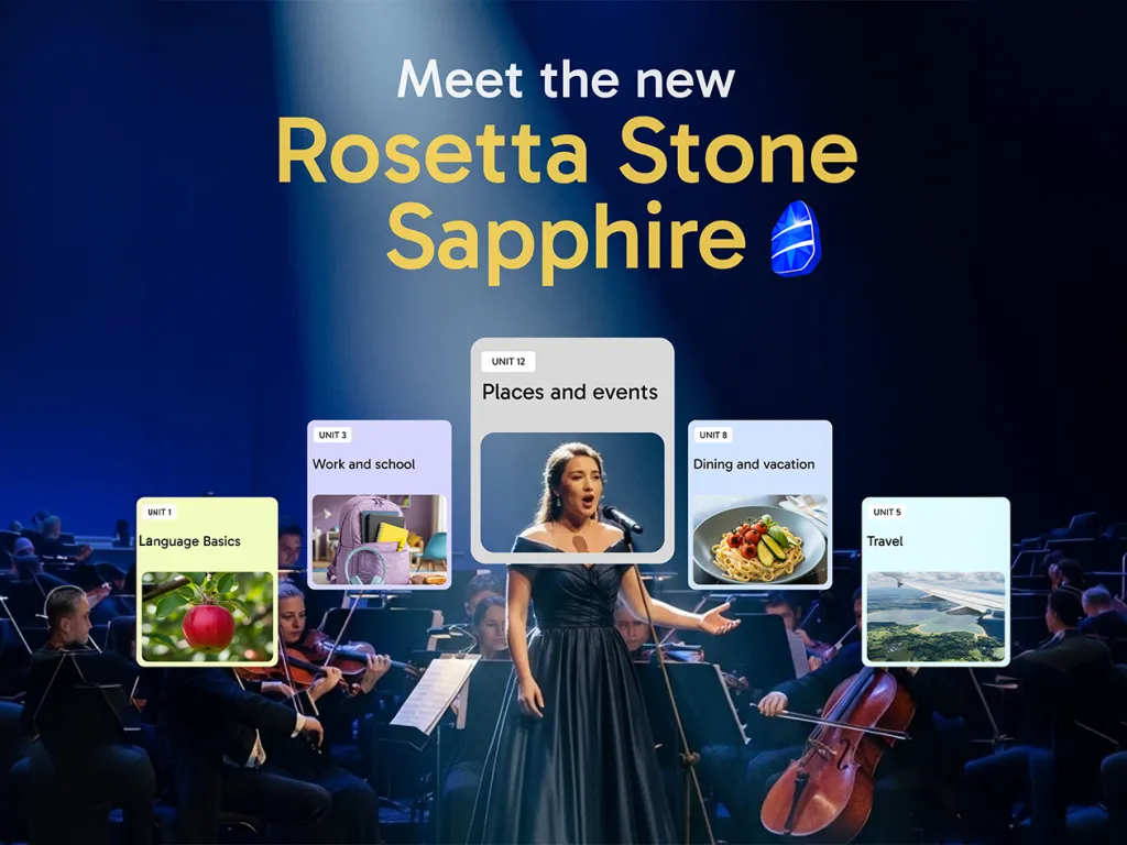 Promotional image for Rosetta Stone Sapphire, showing five unit cards (Language Basics, Work and school, Places and events, Dining and vacation, Travel) over an orchestra and a singer.