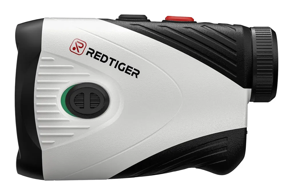Red Tiger golf rangefinder in white and black with a green button and red logo.