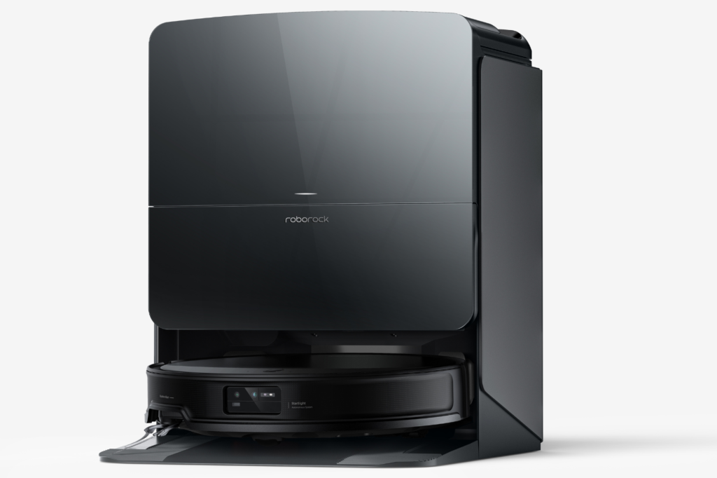 An illustration of a black Roborock robot vacuum docking station with the robot vacuum docked inside.