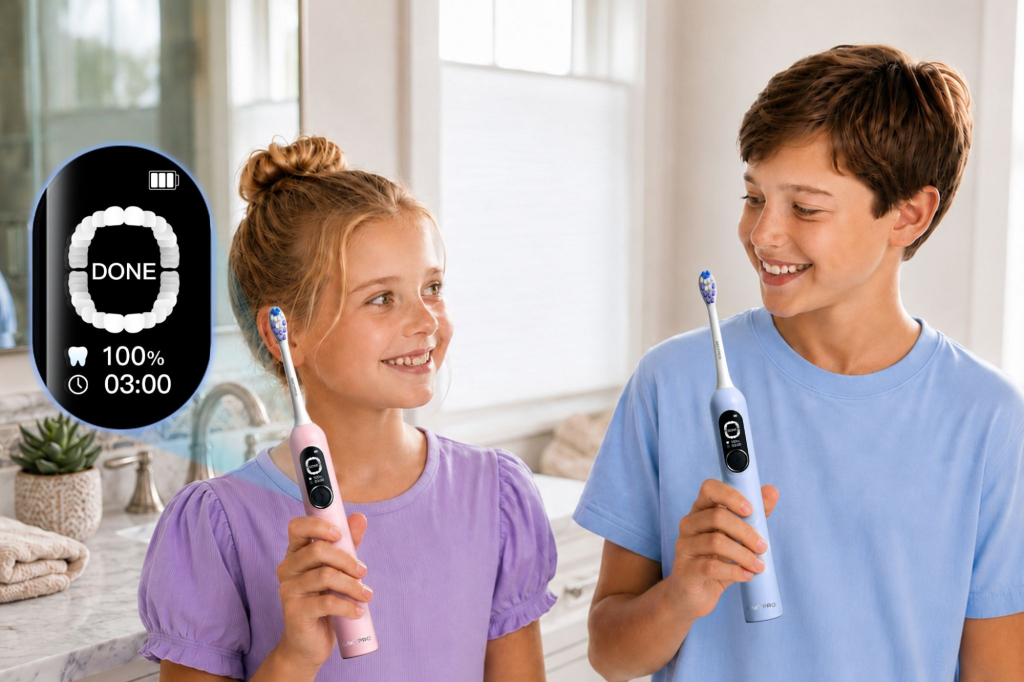 Two smiling children hold electric toothbrushes, with a digital display showing "DONE" after 3 minutes and 100% teeth cleaned.