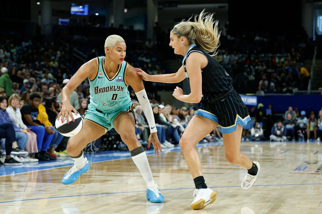 Satou Sabally, who scored 17 points off the bench, looks to make a move on Jacy Sheldon during the Liberty's win over the Sky.