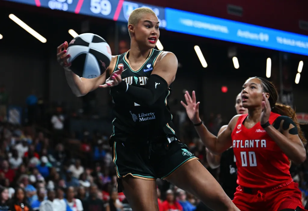 Satou Sabally, who scored a team-high 19 points, looks to make a pass during the Liberty 104-90 win over the Dream on June 11, 2026 in Atlanta.
