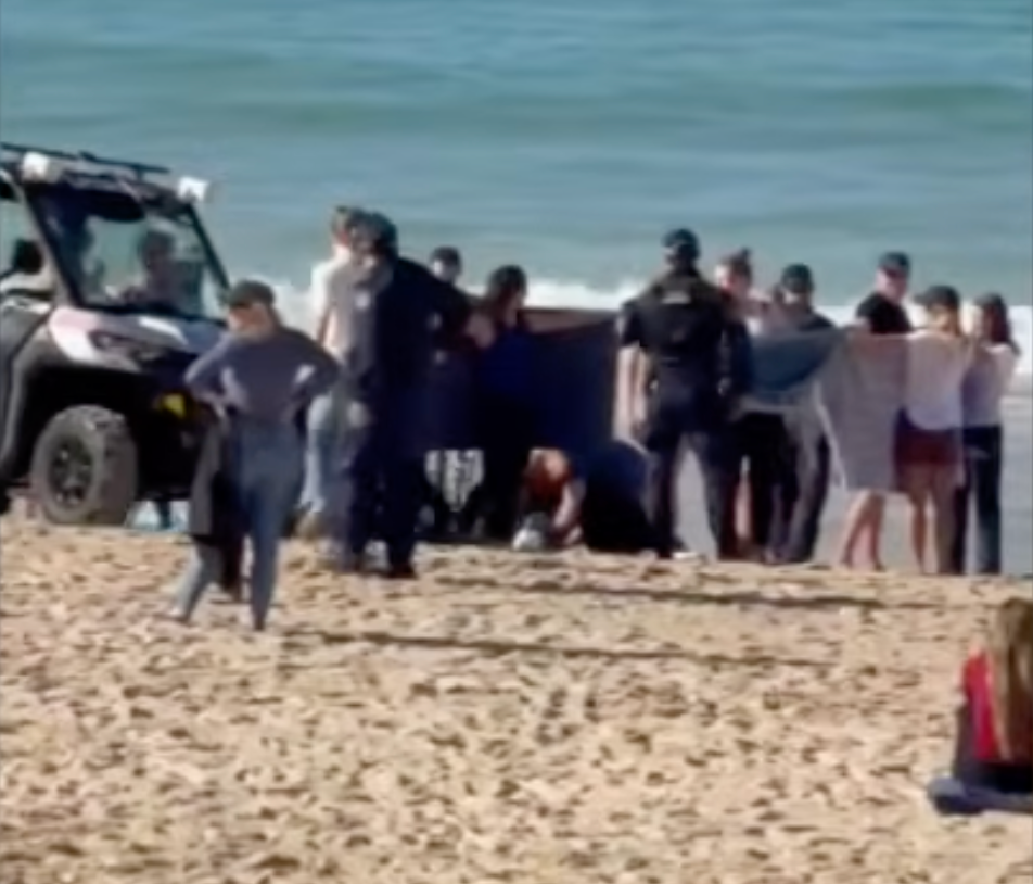 Beachgoers shield first responders as they help a woman that was attacked by a shark at Coogee Beach in Sydney, Australia, on June 13, 2026.
