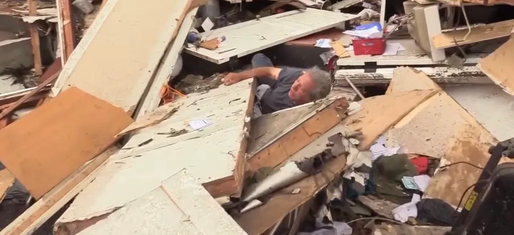 Man climbing out of rubble after a disaster.