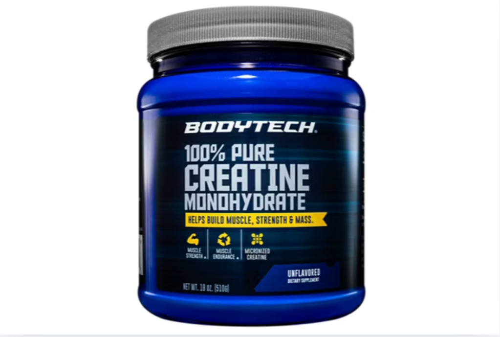 Bodytech 100% Pure Creatine Monohydrate dietary supplement in an unflavored, 18 oz. container.