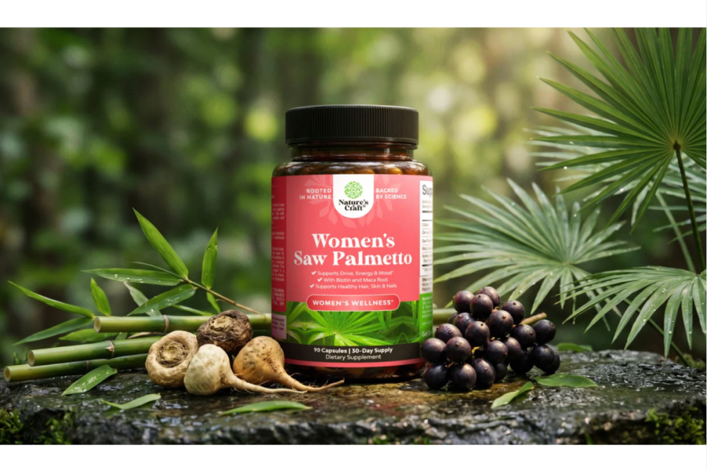 Nature's Craft Women's Saw Palmetto dietary supplement bottle with bamboo, maca root, and saw palmetto berries.