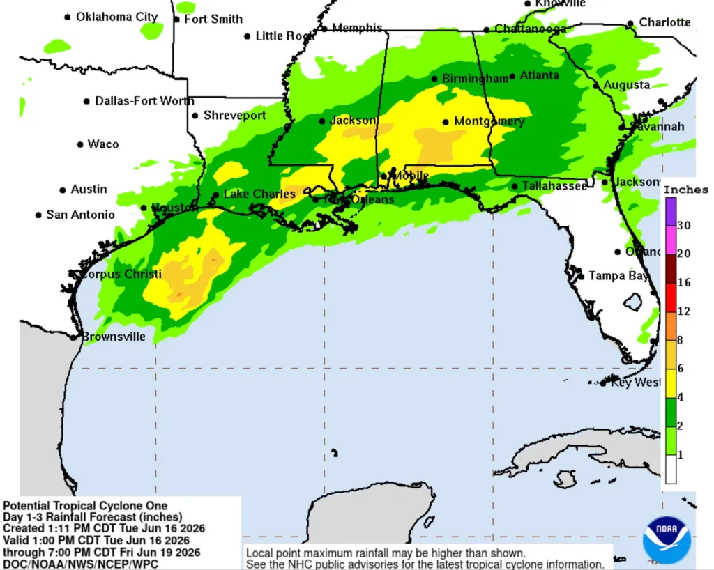 Map showing potential rainfall in the southeastern U.S. from Potential Tropical Cyclone One, with areas of yellow and orange indicating 6-12 inches and areas of red and purple indicating up to 30 inches of rain.