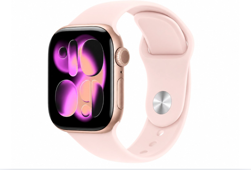 Pink Apple Watch with a patterned display.
