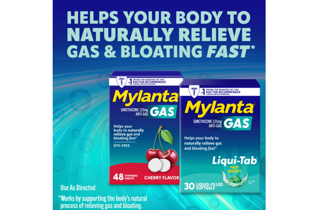Mylanta Gas Relief products, including cherry-flavored chewable tablets and liquid-filled softgels.