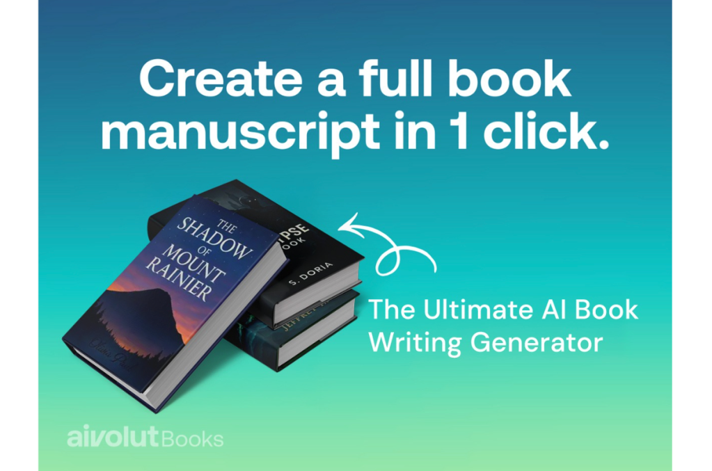 Illustration of several books created by an AI Book Writing Generator, including one titled "The Shadow of Mount Rainier."